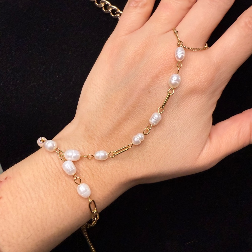 Elegant Gold and White Pearl Hand Chain Bracelet